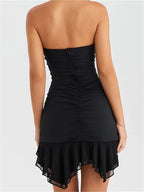 Strapless Ruched Vertical Ruffle Asymmetric Ruffle Hem Mini Dress