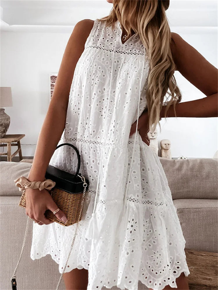 Eyelet Lace V-Neck Tassel Tie Tiered Ladder Trim Babydoll Mini Dress