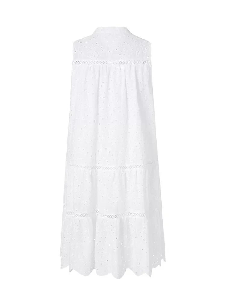 Eyelet Lace V-Neck Tassel Tie Tiered Ladder Trim Babydoll Mini Dress