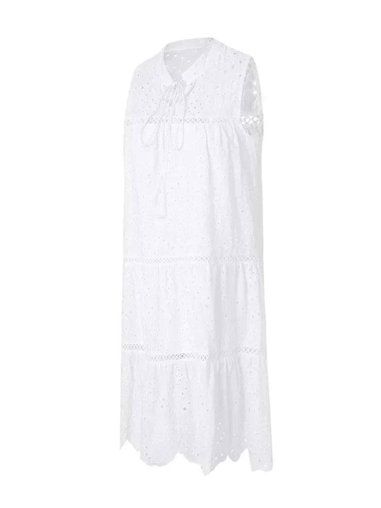Eyelet Lace V-Neck Tassel Tie Tiered Ladder Trim Babydoll Mini Dress