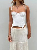 Summer Sleeveless Strap Y2K for Women Sexy Lace Patchwork V-neck Cropped Mini Vest Streetwear 2024 Crop Top