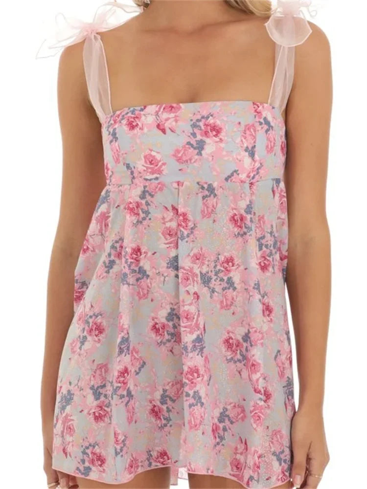 Floral Print Square Neck Organza Tie Shoulder Empire Waist Babydoll Mini Dress