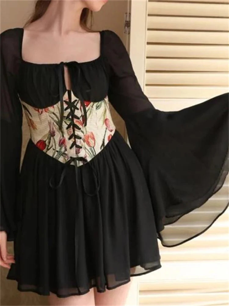 Floral Print Off Shoulder Lace Up Corset Puff Sleeve Tiered Mini Dress