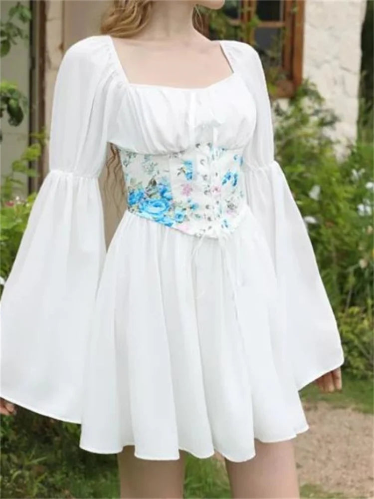Floral Print Off Shoulder Lace Up Corset Puff Sleeve Tiered Mini Dress