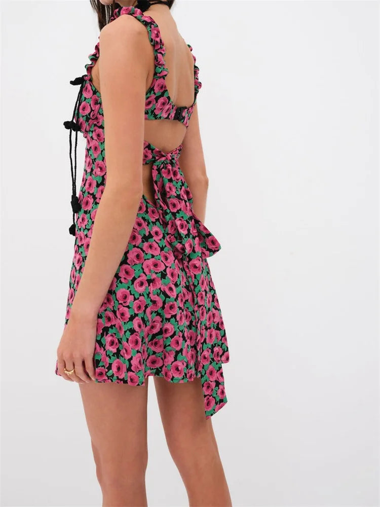 Floral Print Bustier Cut Out Ruffle Strap A-Line Mini Dress