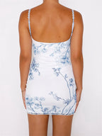 Floral Print Lace Trim Daisy Strap Tie Front Ruched Sweetheart Bodycon Mini Dress