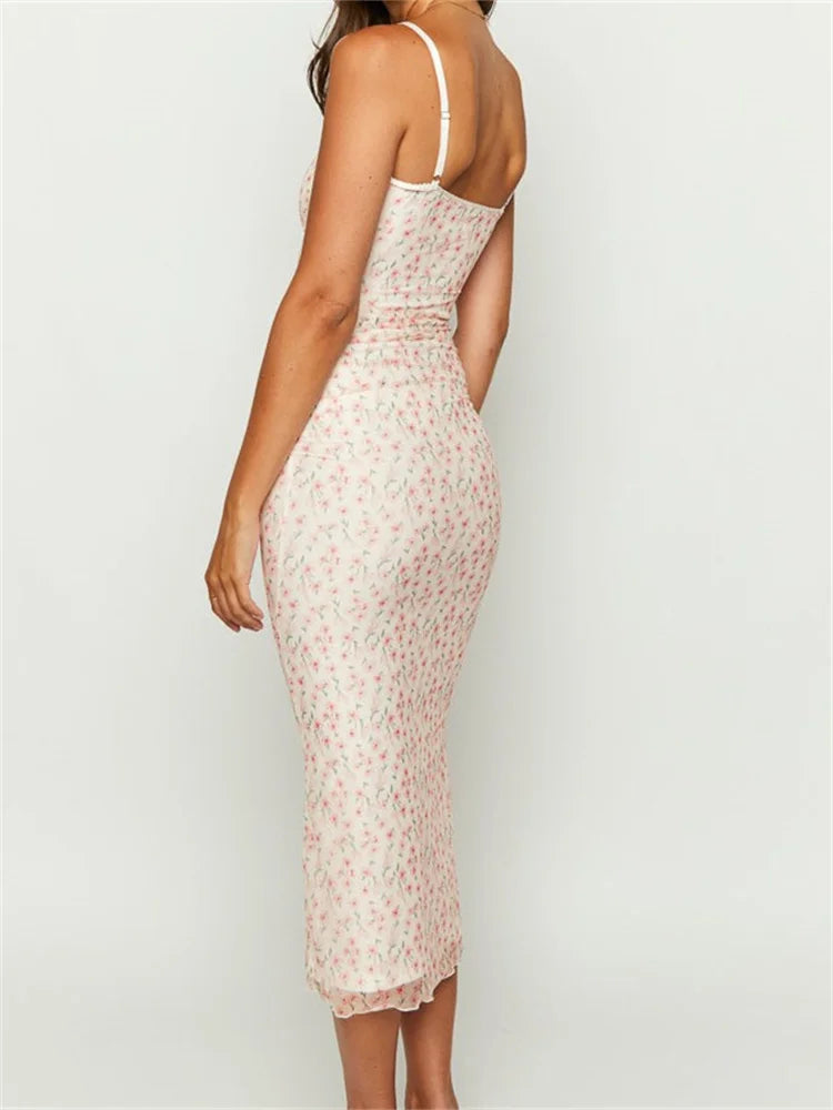 Ditsy Floral Print Ruched Cami Spaghetti Strap Lettuce Hem Midi Dress