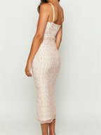 Ditsy Floral Print Ruched Cami Spaghetti Strap Lettuce Hem Midi Dress