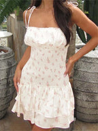 Floral Print Smocked Tie Shoulder Tiered Ruffle Mini Dress