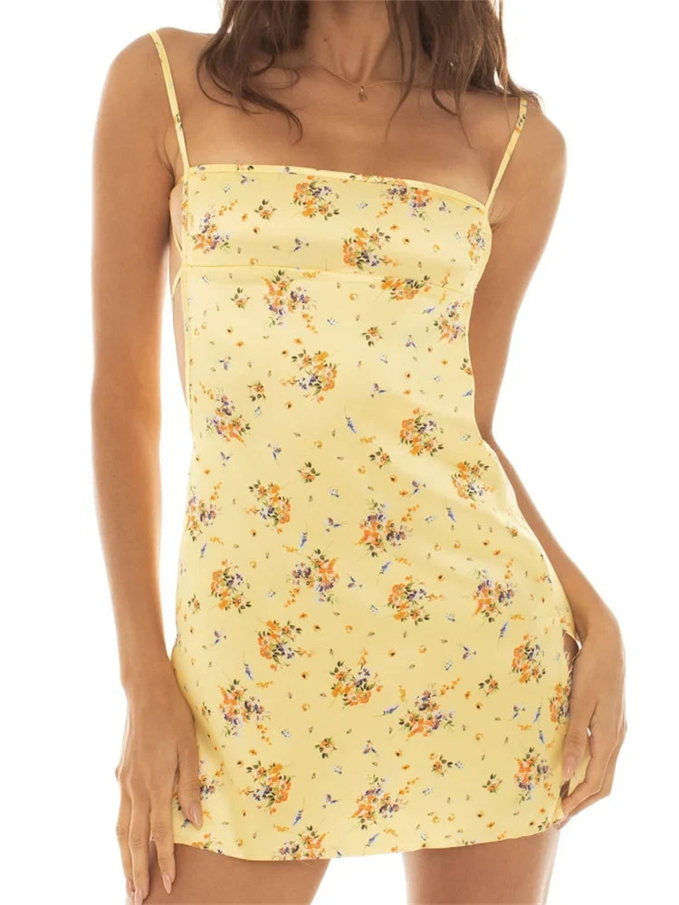Ditsy Floral Print Spaghetti Strap Side Cut Out Satin Bodycon Mini Dress