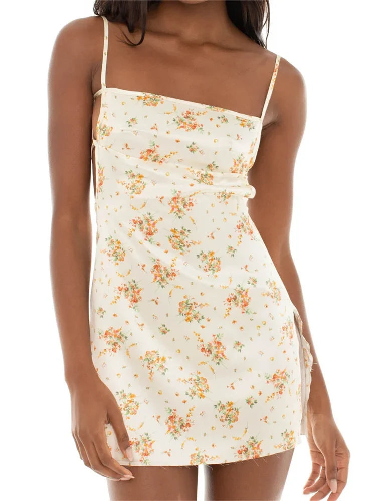 Ditsy Floral Print Spaghetti Strap Side Cut Out Satin Bodycon Mini Dress