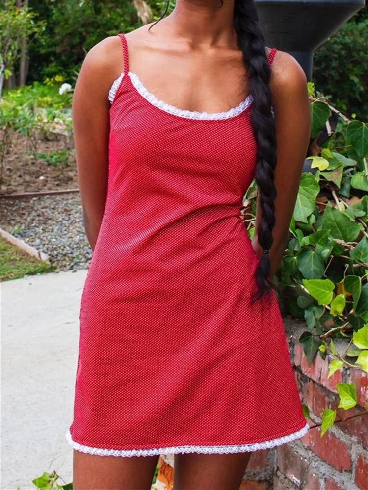 Polka Dot Lace Trim Scoop Neck Spaghetti Strap Bodycon Mini Slip Dress