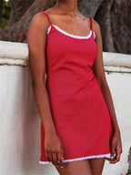 Polka Dot Lace Trim Scoop Neck Spaghetti Strap Bodycon Mini Slip Dress