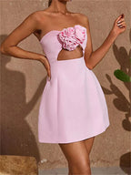 Strapless 3D Applique Diamond Cut Out Fit and Flare Mini Dress