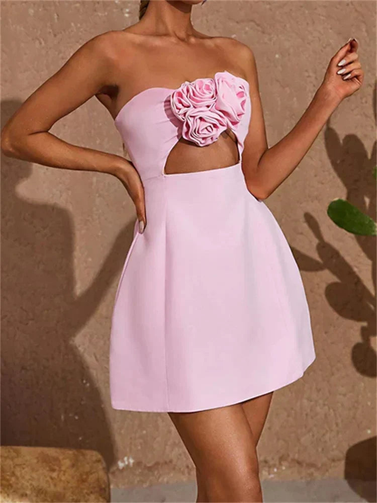 Strapless 3D Applique Diamond Cut Out Fit and Flare Mini Dress