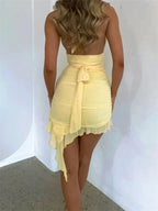 Halter Plunging V-Neck Ruched Side Tie Bodycon Mini Dress