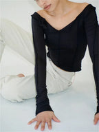 Casual Ruched Long Sleeve Spring Fall Slim Fit Pullovers Female T-shirts
