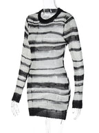 Striped Open-Knit Long Sleeve Bodycon Mini Dress