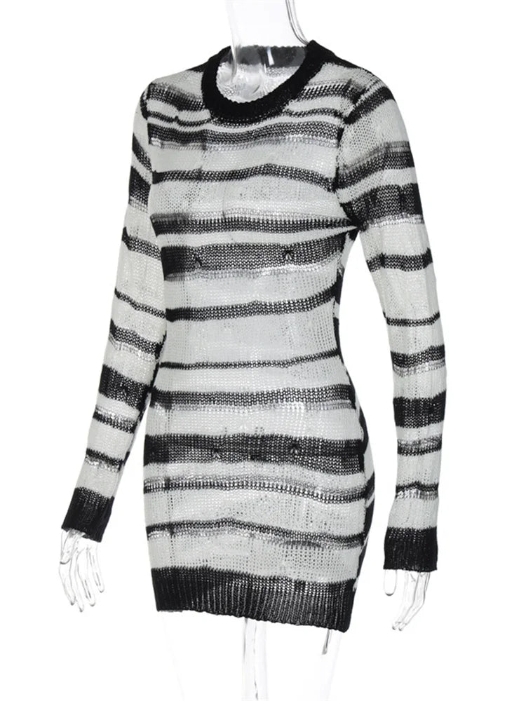 Striped Open-Knit Long Sleeve Bodycon Mini Dress