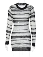 Striped Open-Knit Long Sleeve Bodycon Mini Dress