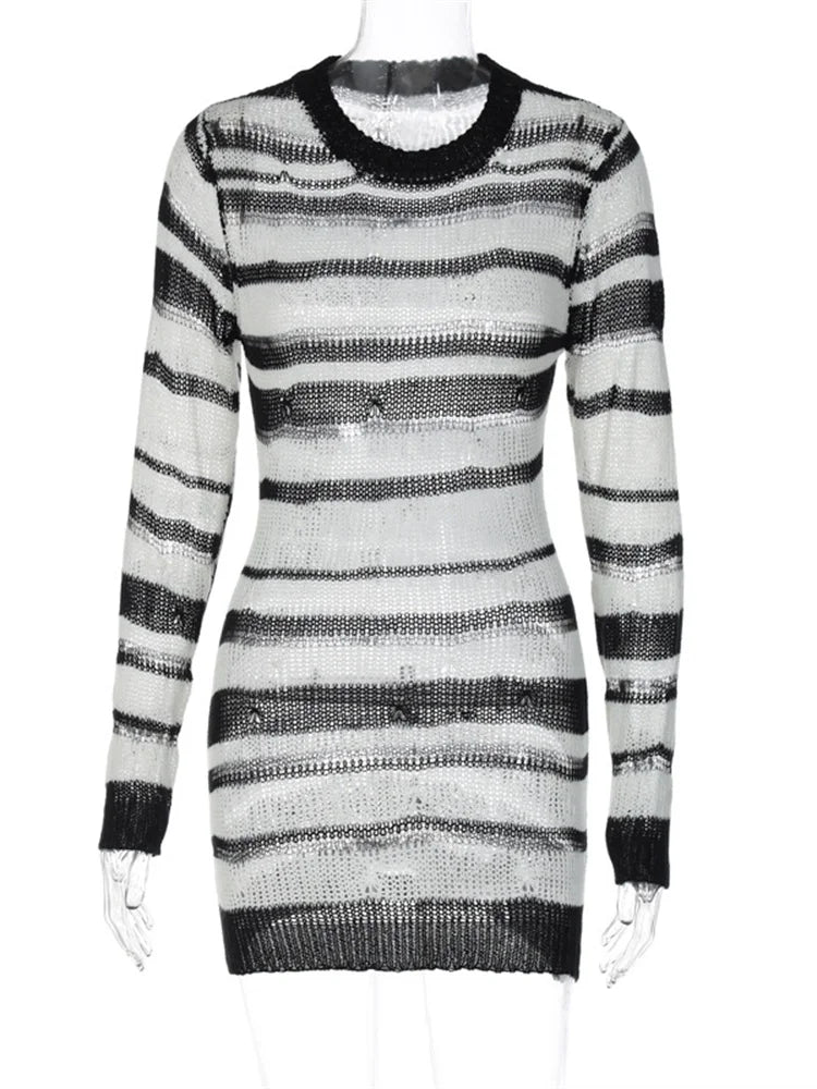 Striped Open-Knit Long Sleeve Bodycon Mini Dress