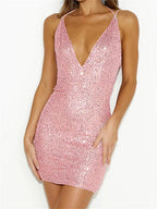 Deep V Neck Sequin Spaghetti Strap Bodycon Mini Dress