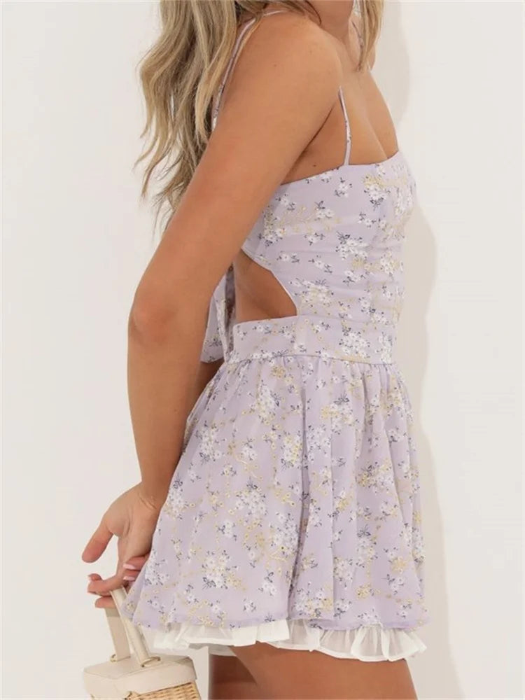 Dainty Floral Square Neck Spaghetti Strap Tiered Ruffle Hem Mini Dress
