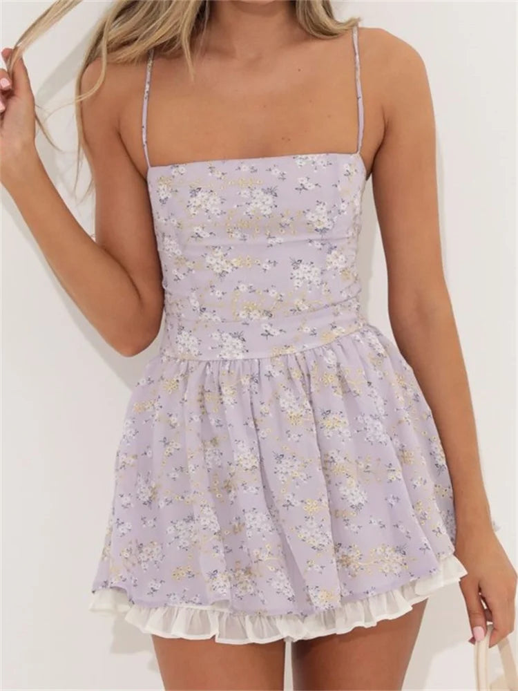 Dainty Floral Square Neck Spaghetti Strap Tiered Ruffle Hem Mini Dress