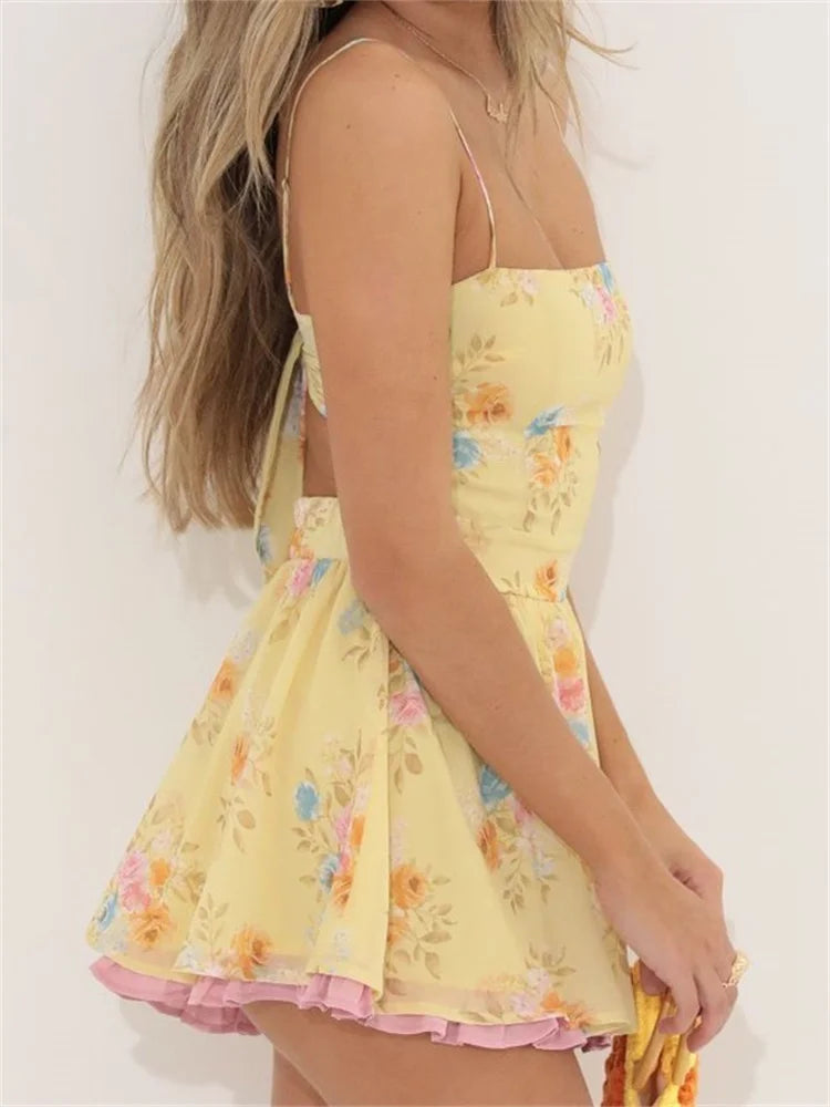 Dainty Floral Square Neck Spaghetti Strap Tiered Ruffle Hem Mini Dress