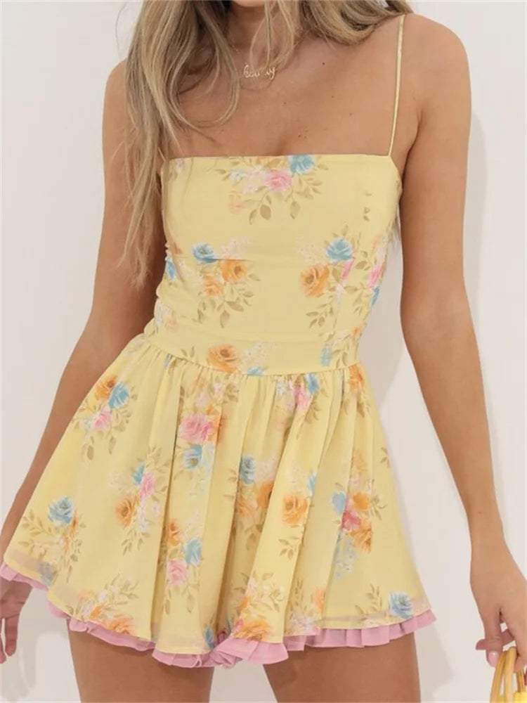 Dainty Floral Square Neck Spaghetti Strap Tiered Ruffle Hem Mini Dress