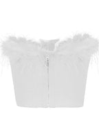 Women Fur Feather Patchwork Tube 2024 New Sexy Summer Strapless Off Shoulder Backless Back Zip Up Slim Vest Crop Top