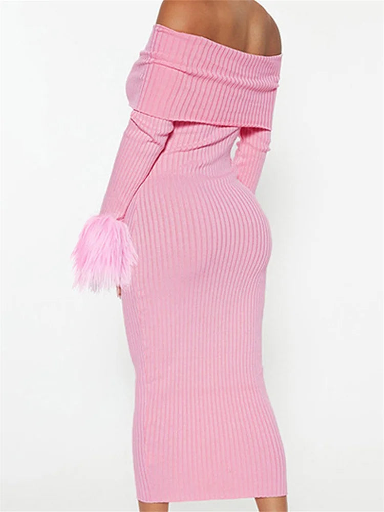 Off Shoulder Ribbed Knit Faux Fur Cuff Bodycon Mini Dress