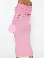 Off Shoulder Ribbed Knit Faux Fur Cuff Bodycon Mini Dress