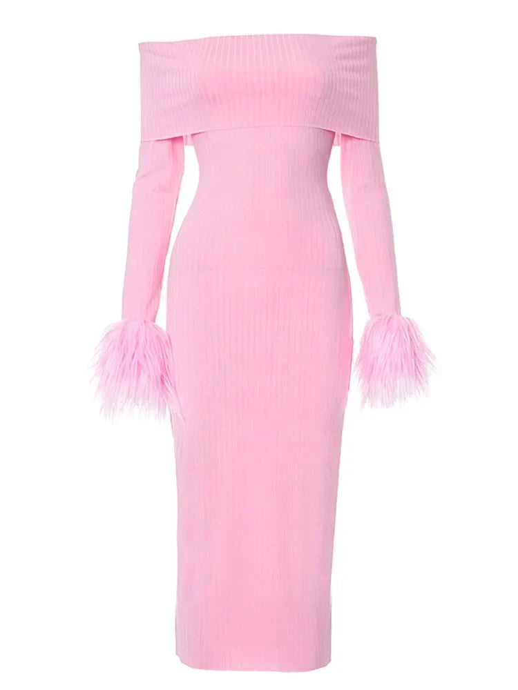 Off Shoulder Ribbed Knit Faux Fur Cuff Bodycon Mini Dress