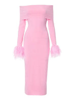 Off Shoulder Ribbed Knit Faux Fur Cuff Bodycon Mini Dress
