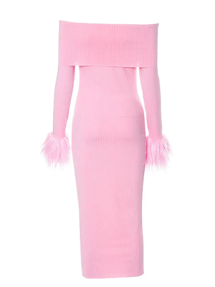 Off Shoulder Ribbed Knit Faux Fur Cuff Bodycon Mini Dress