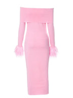 Off Shoulder Ribbed Knit Faux Fur Cuff Bodycon Mini Dress