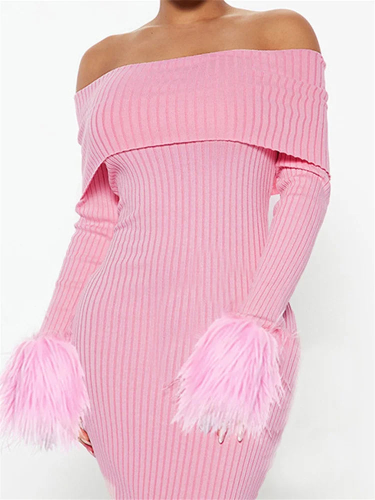 Off Shoulder Ribbed Knit Faux Fur Cuff Bodycon Mini Dress