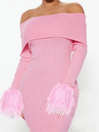 Off Shoulder Ribbed Knit Faux Fur Cuff Bodycon Mini Dress