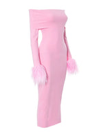 Off Shoulder Ribbed Knit Faux Fur Cuff Bodycon Mini Dress