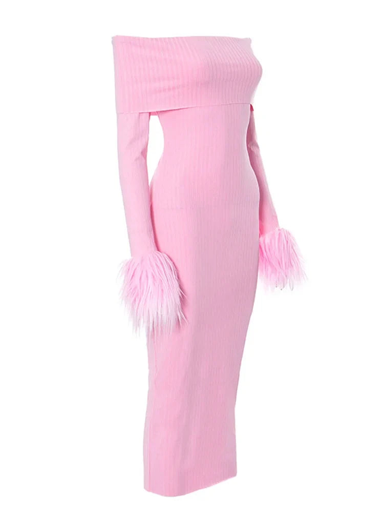 Off Shoulder Ribbed Knit Faux Fur Cuff Bodycon Mini Dress