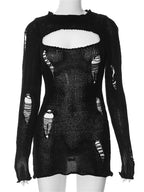 Distressed Open Knit Mock Neck Chest Cut Out Long Sleeve Mini Dress