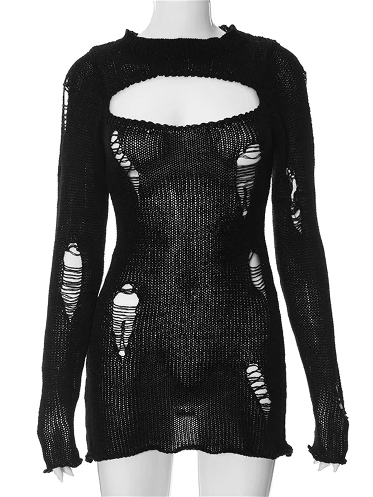Distressed Open Knit Mock Neck Chest Cut Out Long Sleeve Mini Dress