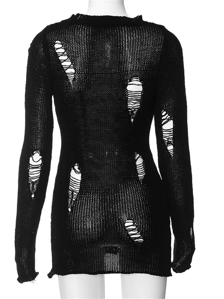 Distressed Open Knit Mock Neck Chest Cut Out Long Sleeve Mini Dress