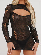 Distressed Open Knit Mock Neck Chest Cut Out Long Sleeve Mini Dress