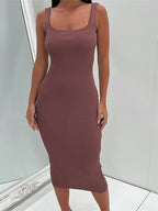 Ribbed Knit Scoop Neck Tank Strap Bodycon Midi Dress
