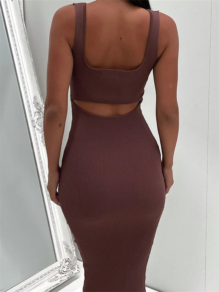 Ribbed Knit Scoop Neck Tank Strap Bodycon Midi Dress