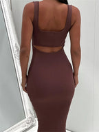 Ribbed Knit Scoop Neck Tank Strap Bodycon Midi Dress