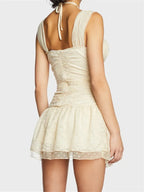 Ruched Floral Lace Halter Tie Keyhole Double Strap Mini Dress