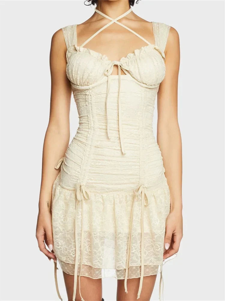 Ruched Floral Lace Halter Tie Keyhole Double Strap Mini Dress